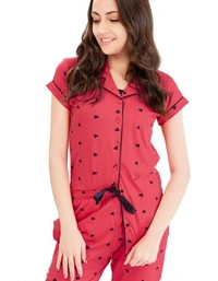 Lotik Women's Cotton Pink & Rani Heart Print Front-Open Nightsuit Set - XXL, Pink, Cotton, Multipack of1